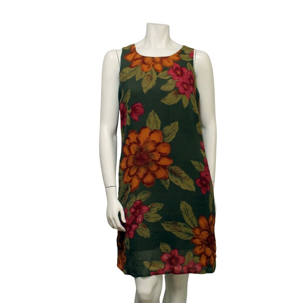 Vintage 90s Jaclyn Smith Green Orange Floral Chiffon Tank Dress Size 14